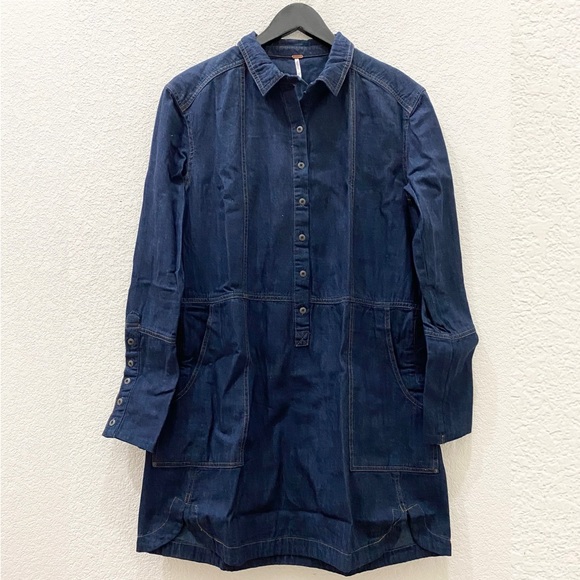 FREE PEOPLE Delicate Detail Denim Mini Shirtdress Size XS - Picture 8 of 16